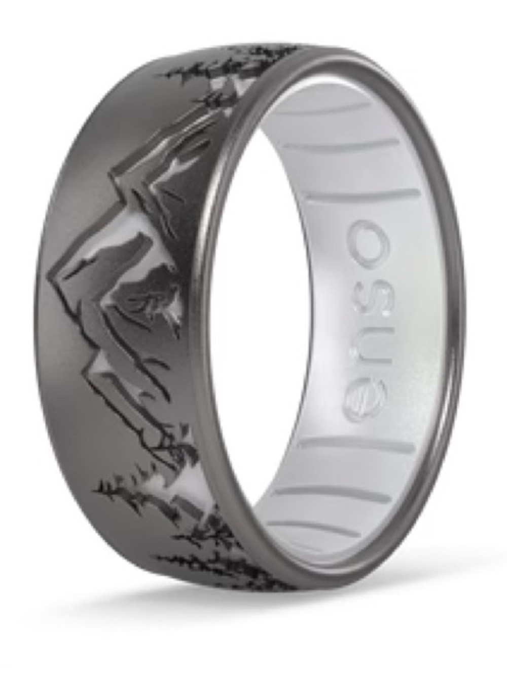 Manly Bands Etched Silicone Ring Mountain Peaks Platinum Pearl Mens 9 Wedding
